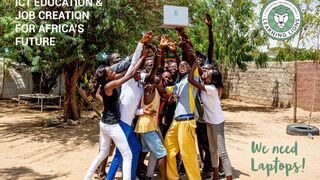 A group of women and men hold up a laptop together. The picture reads "We need Laptops" and "ICT Education & Job Creations for Africas Future". The Learning Lions logo can be seen in the upper right corner. 