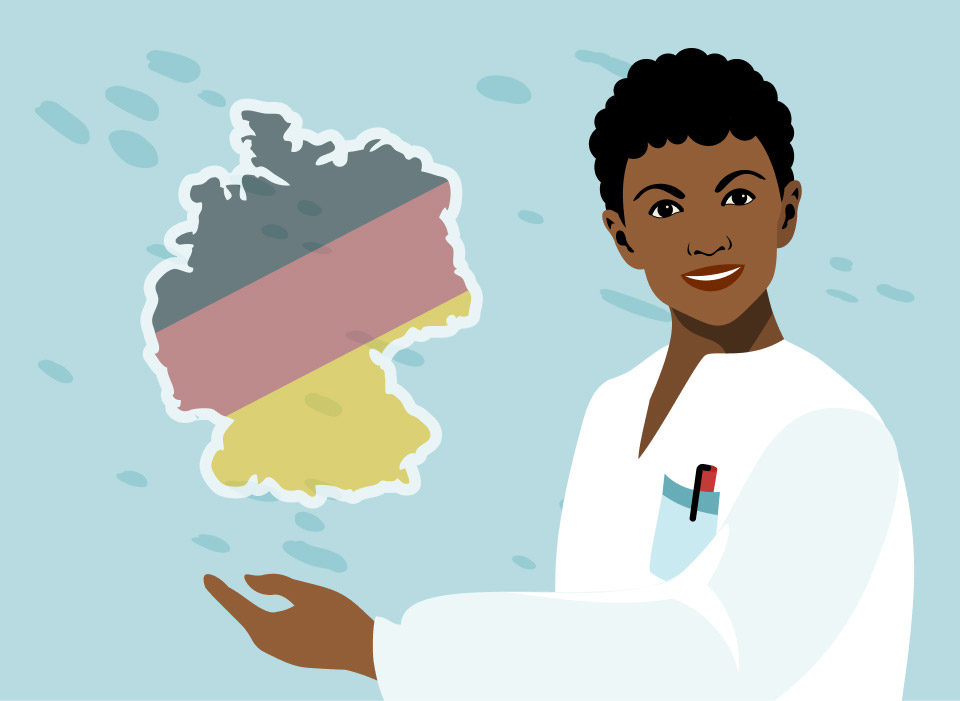 picture with german landscape and person in white clouthes